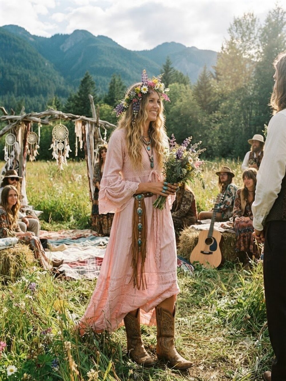 Vintage 70s Blush Pink Pintuck & Lace Bell Sleeve Prairie Maxi Dress